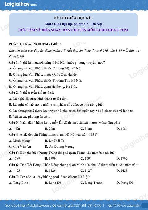 Đề thi giữa kì 2 GDĐP 7 Hà Nội - loigiaihay.com